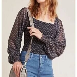 Anthropologie black pattern smocked off-the shoulder long sleeve top size S